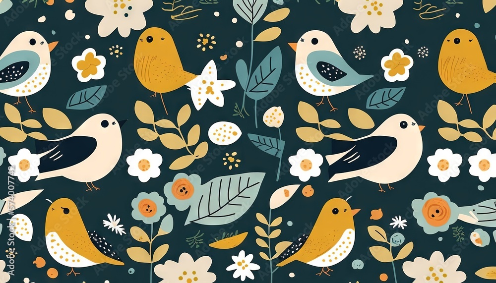  a bunch of birds that are on a flowery branch with leaves and flowers on a blue background with yel