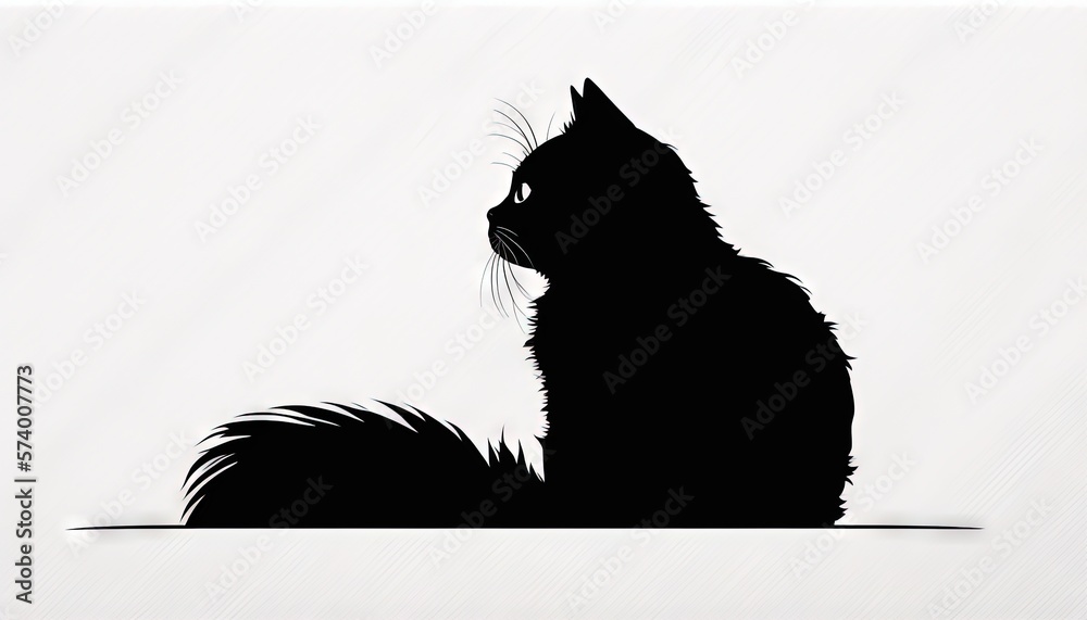  a black cat sitting on top of a white floor next to a wall with a shadow of its head on its side.