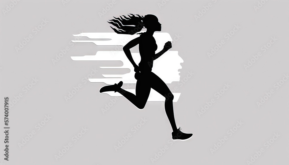  a silhouette of a woman running on a gray background with the sun shining through the clouds in the