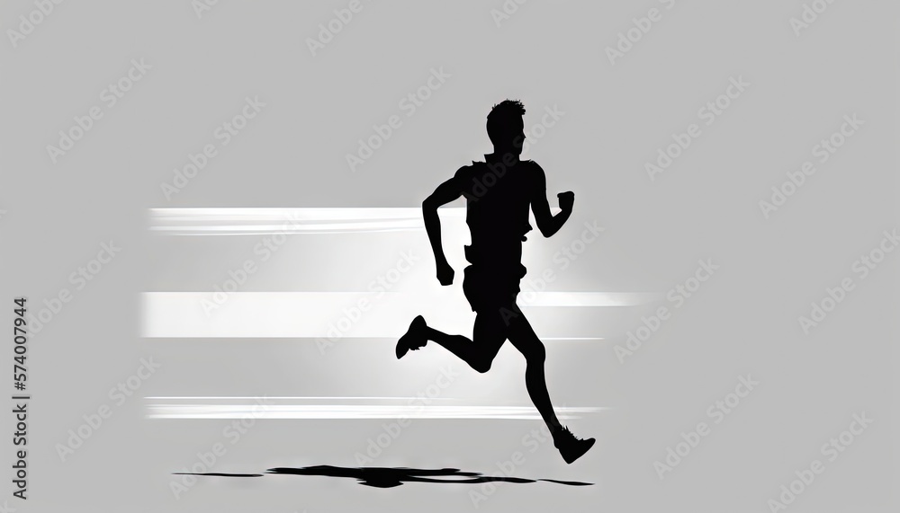  a silhouette of a man running on a gray and white background with the sun shining through the shado