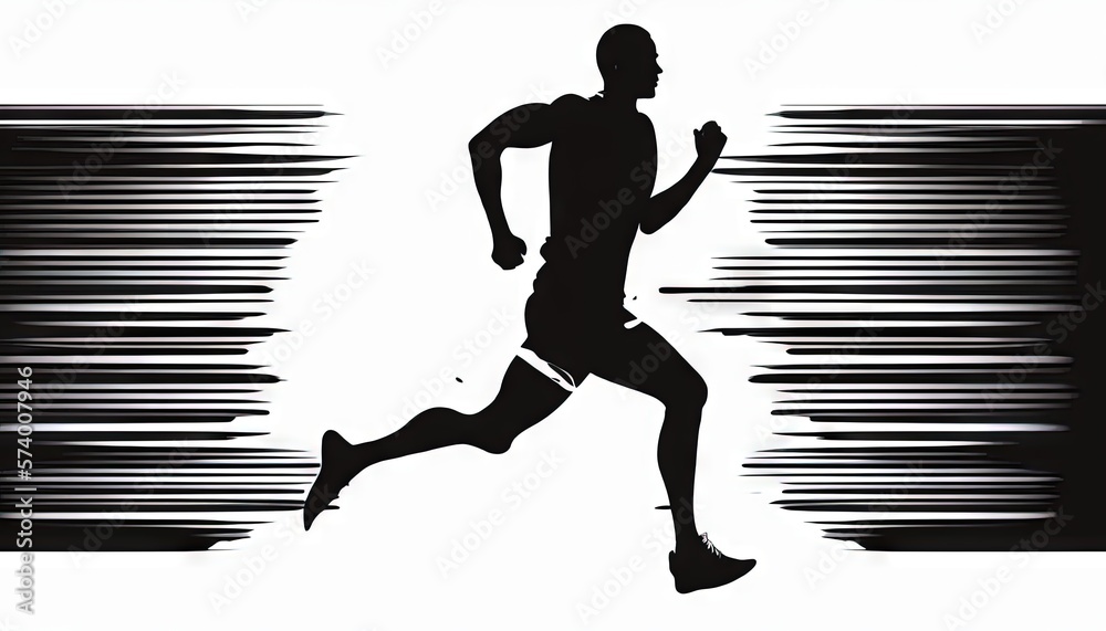  a silhouette of a man running in a race with motion blurs behind him and the background is black an