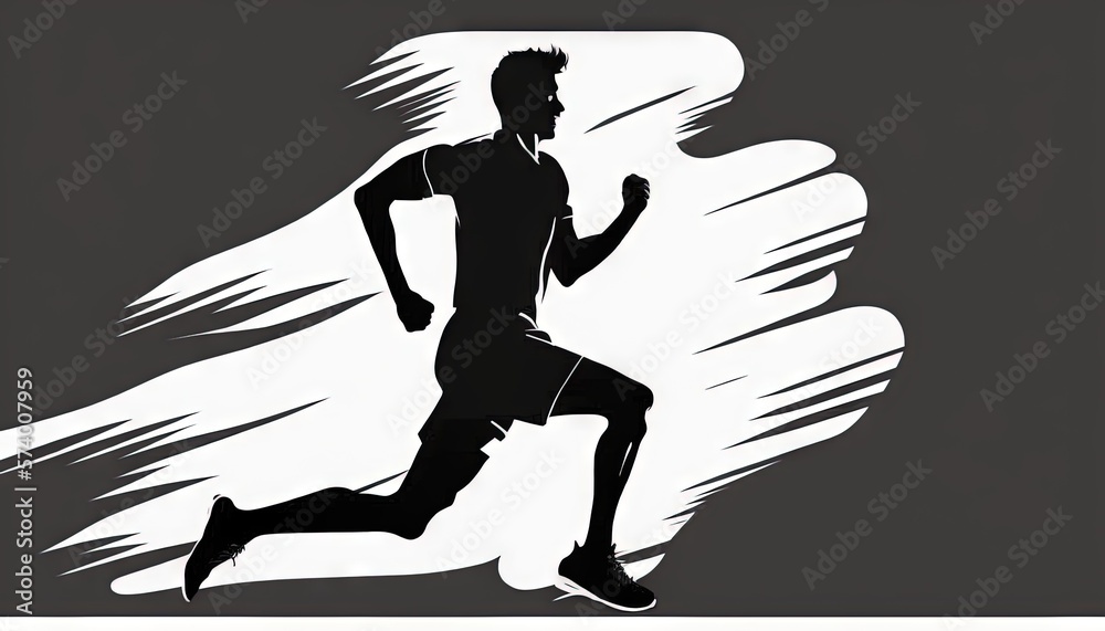  a silhouette of a man running on a gray and white background with a shadow of a running man on the 