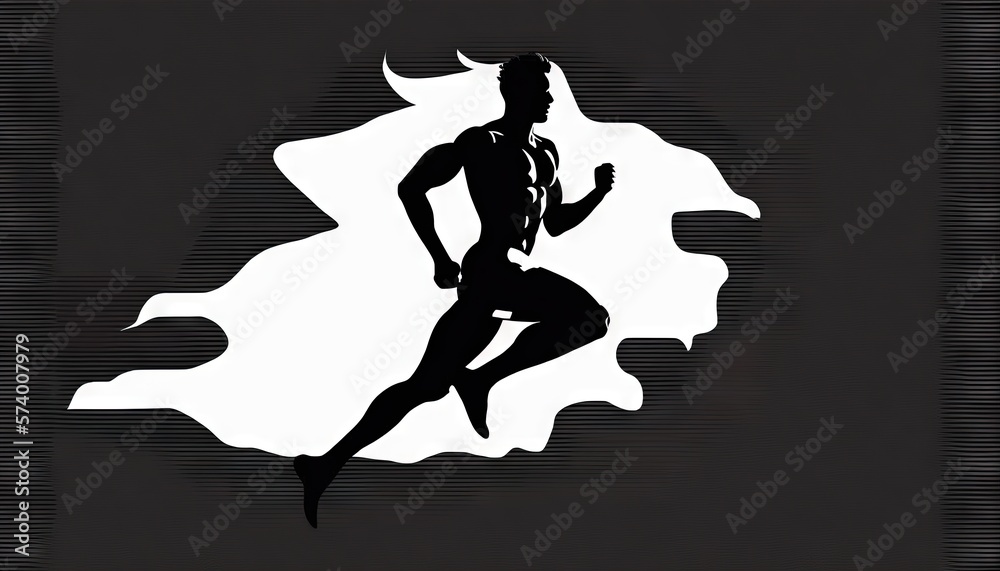  a silhouette of a man running with a cape on his head and a cape around his neck, in a black and wh