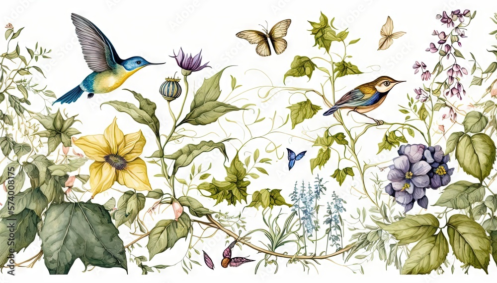  a painting of birds and flowers on a white background with green leaves and purple and yellow flowe