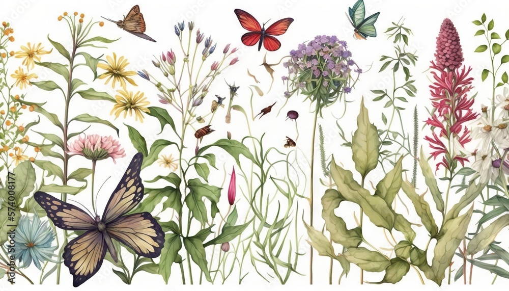  a bunch of flowers and butterflies on a white background with a white background and a white backgr