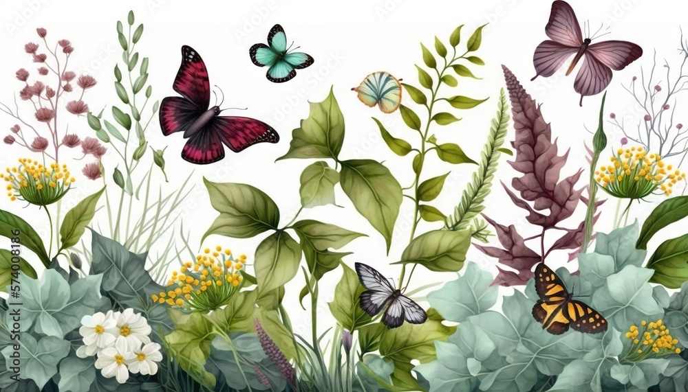  a group of butterflies flying over a lush green forest filled with flowers and leaves on a white ba