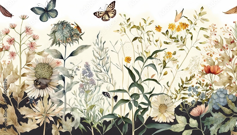  a painting of flowers and butterflies in a field of grass and flowers, with a white sky in the back