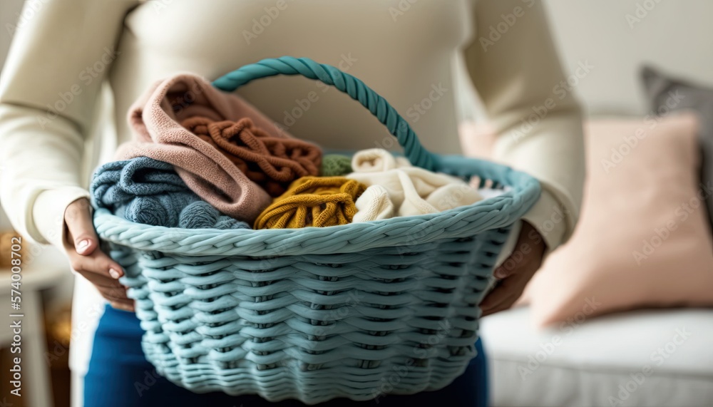  a woman holding a basket full of clothes in her hands and a white couch in the background with pill