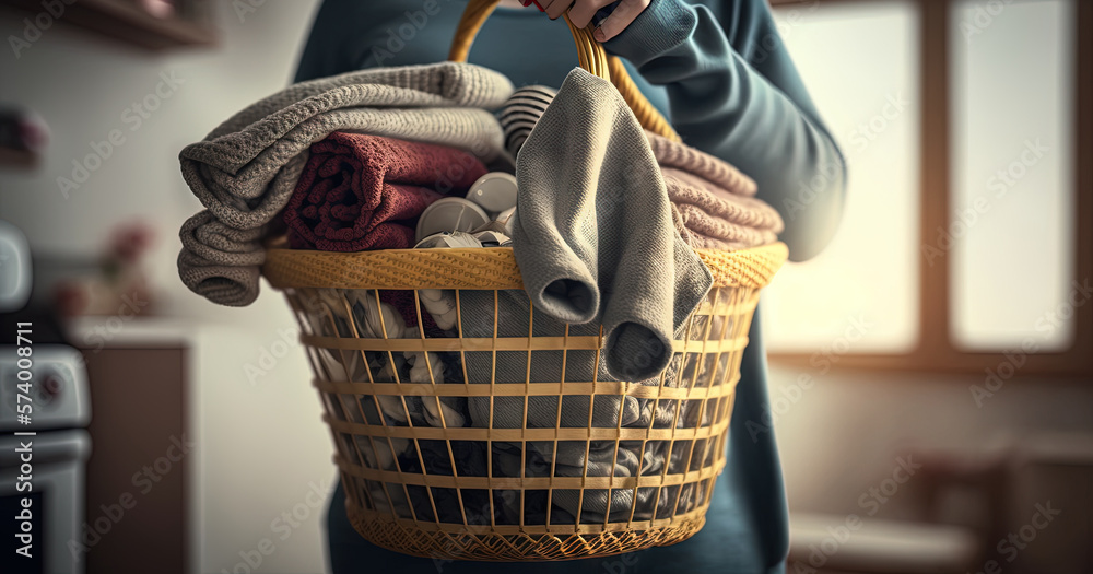  a woman holding a basket full of clothes in a kitchen with a window in the background and a window 