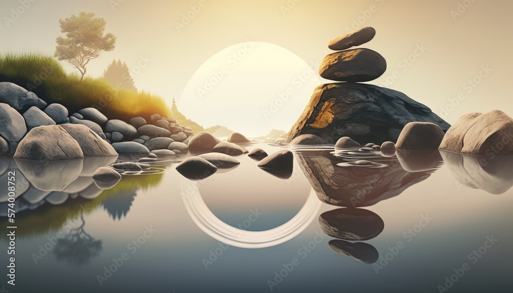  a painting of rocks and water with the sun setting in the background and a reflection of the rocks 