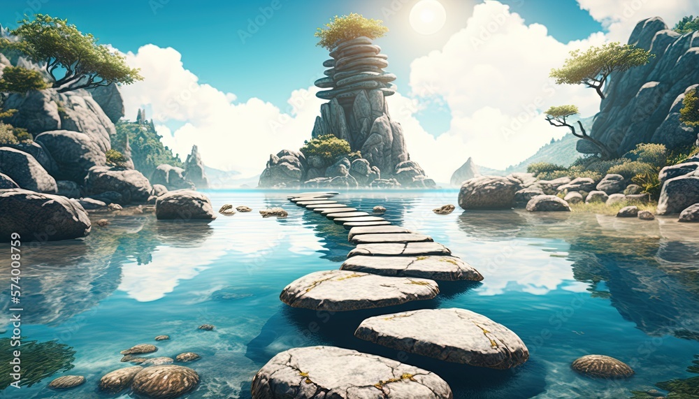  a digital painting of a stepping stone path through a river with rocks in the foreground and trees 