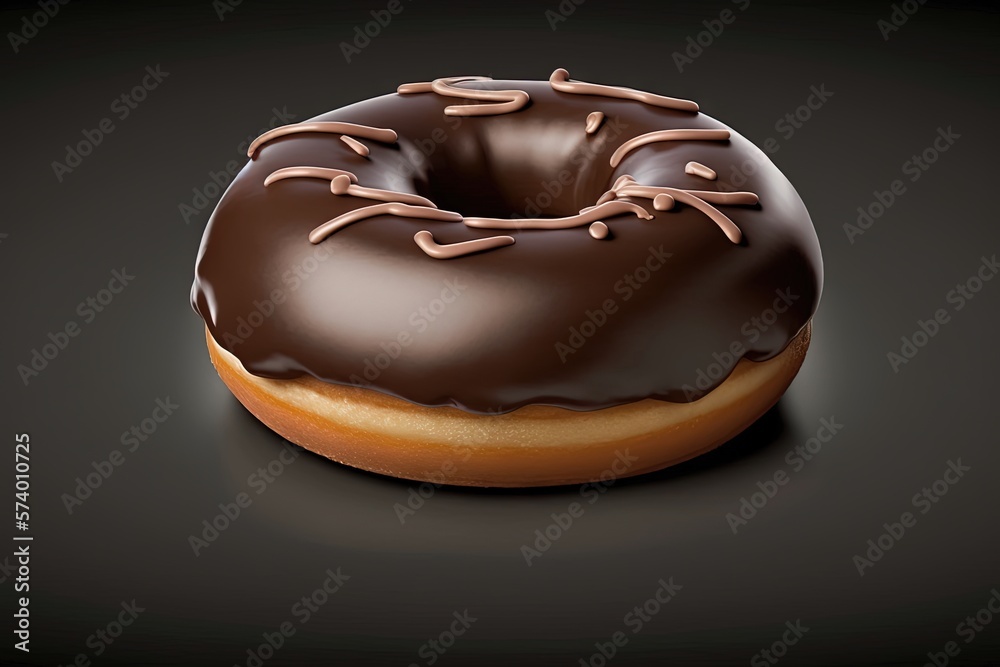  a chocolate donut with icing on a black background.  generative ai