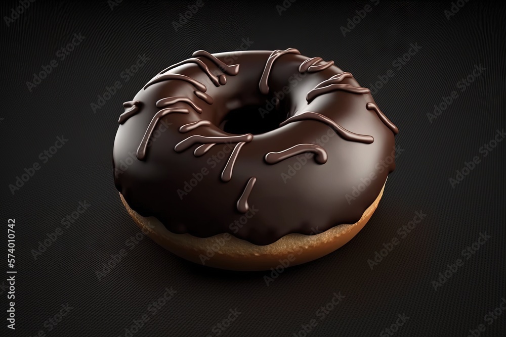  a chocolate donut with chocolate glaze on a black background.  generative ai