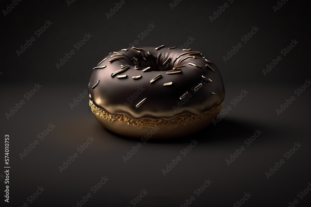  a chocolate donut with sprinkles on a black background.  generative ai