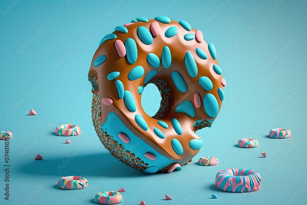  a donut with blue and pink sprinkles on a blue background.  generative ai