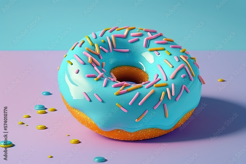  a donut with blue icing and sprinkles on a pink and blue background.  generative ai