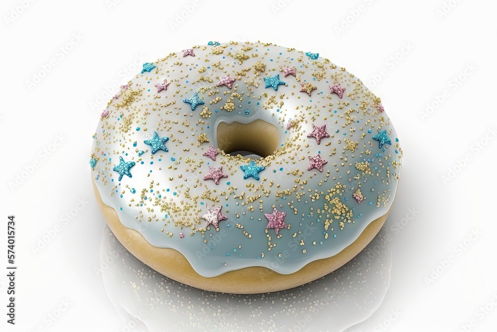  a donut with blue icing and gold sprinkles.  generative ai