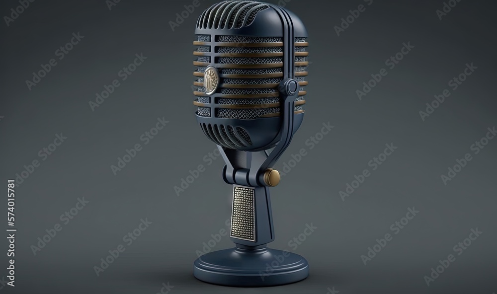  an old fashioned microphone on a stand on a gray background.  generative ai