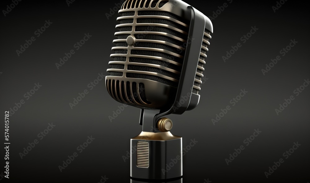  a black and gold microphone on a black background with a reflection.  generative ai