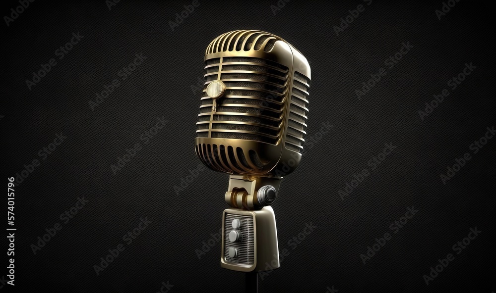  a golden microphone on a black background with a black background.  generative ai