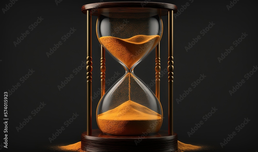  an hourglass with sand running through it on a black background.  generative ai