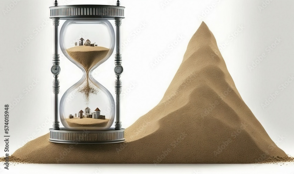  an hourglass with people inside of it on a sand hill.  generative ai