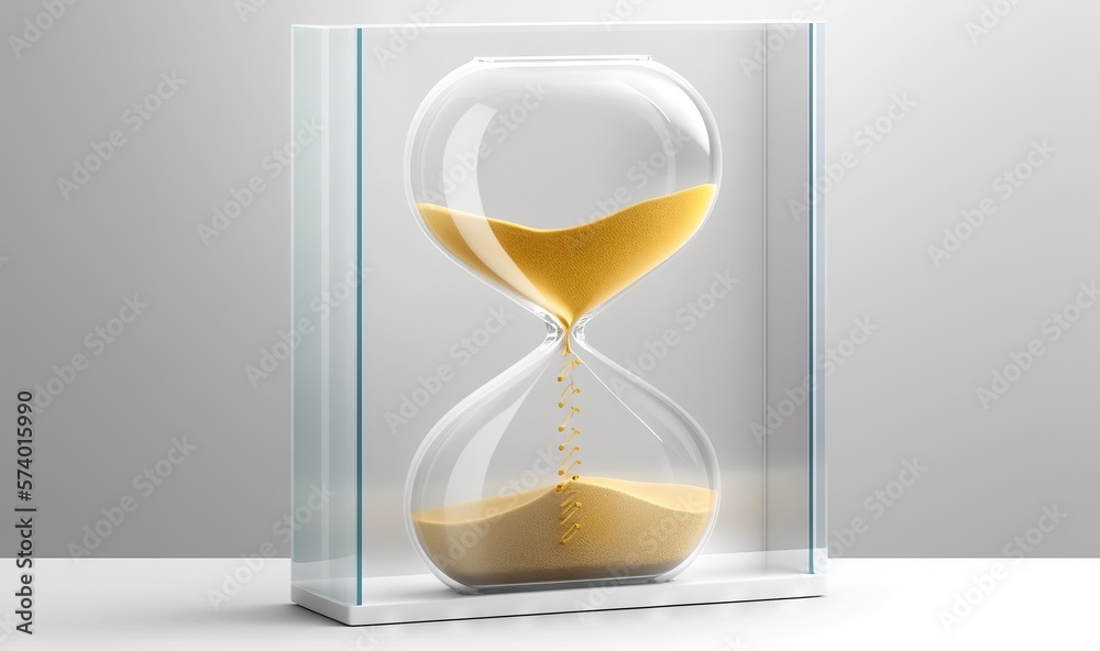  an hourglass with a yellow sand inside of it on a white surface.  generative ai