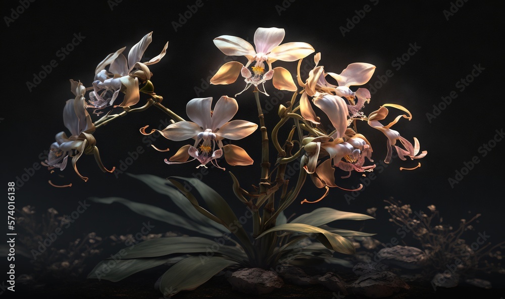  a bunch of flowers that are on a table in the dark.  generative ai