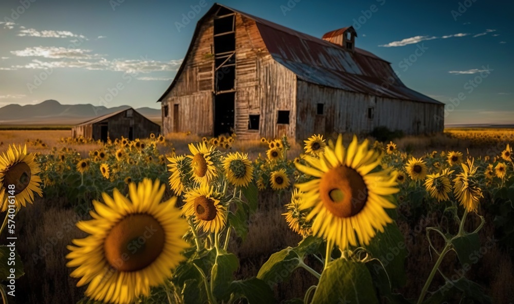  a barn in a field of sunflowers with mountains in the background.  generative ai