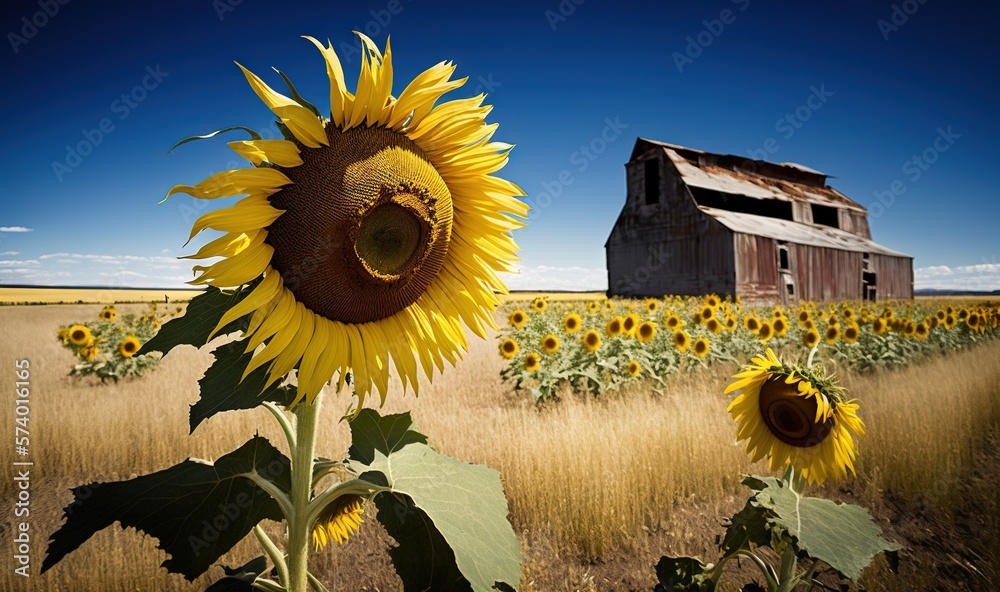  a sunflower in a field with a barn in the background.  generative ai