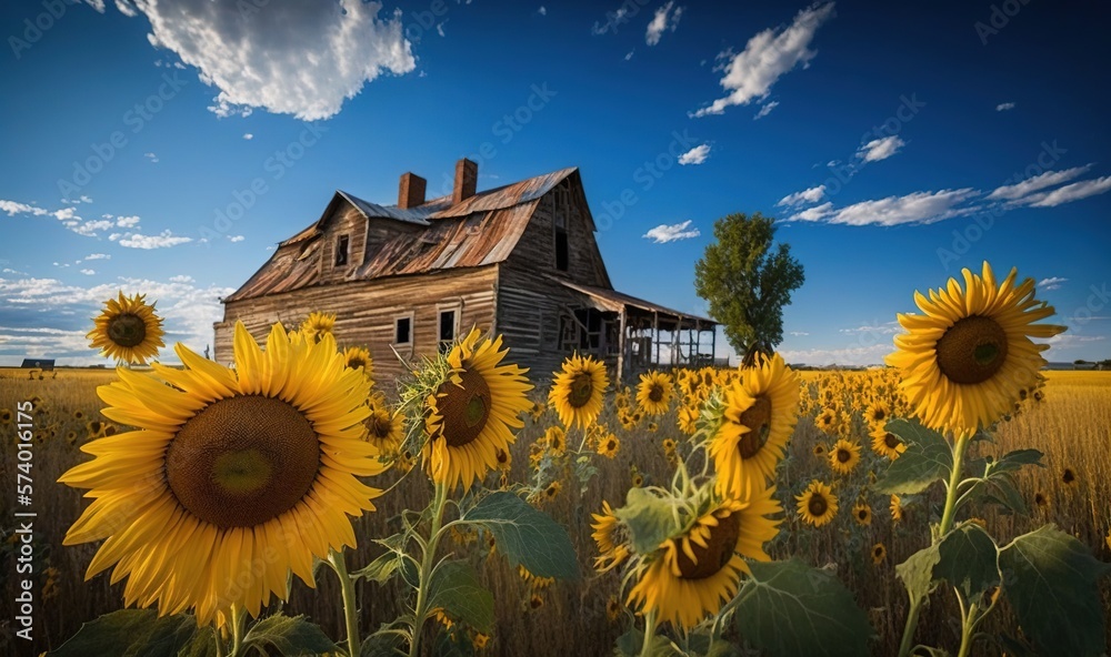  a sunflower field with a house in the background and clouds in the sky.  generative ai