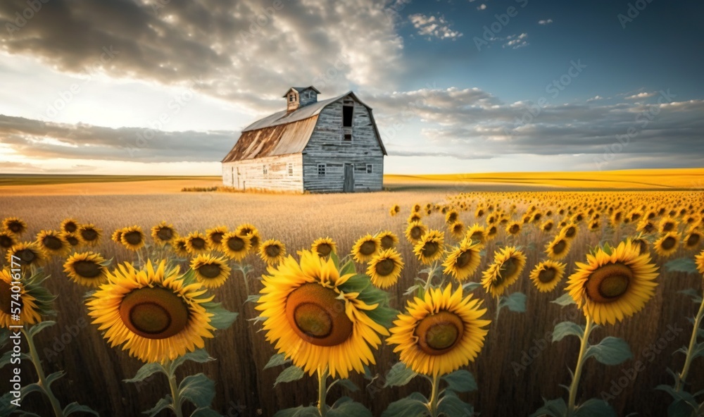  a field of sunflowers with a barn in the background.  generative ai