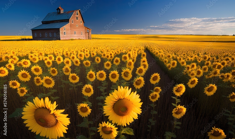  a field of sunflowers with a barn in the background.  generative ai