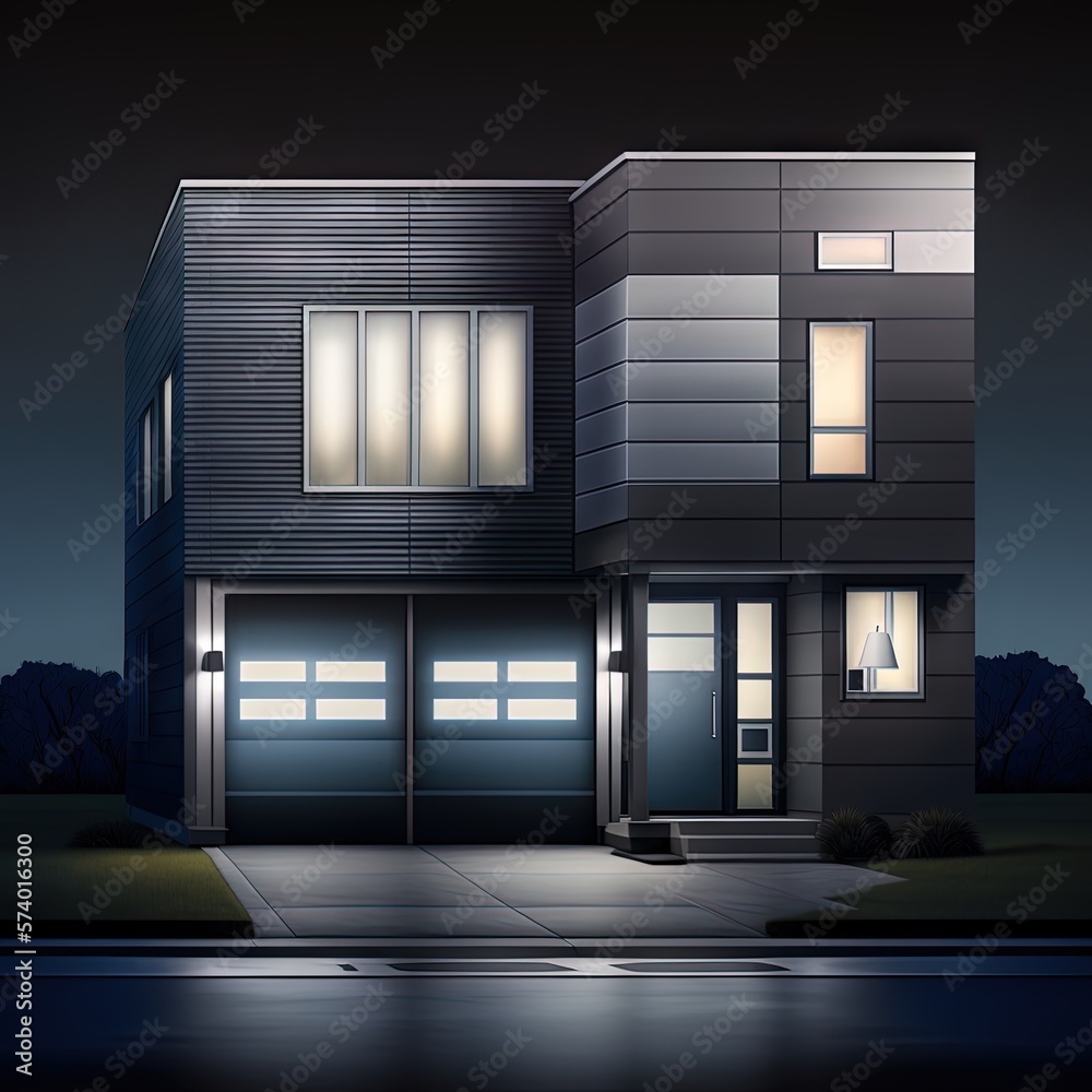  a two story house at night with a street light in front of it.  generative ai