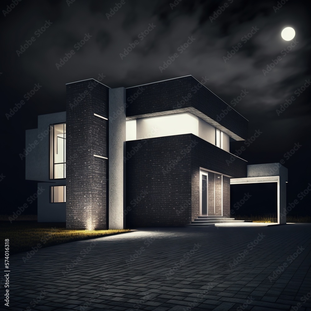  a black and white photo of a house at night with a full moon.  generative ai