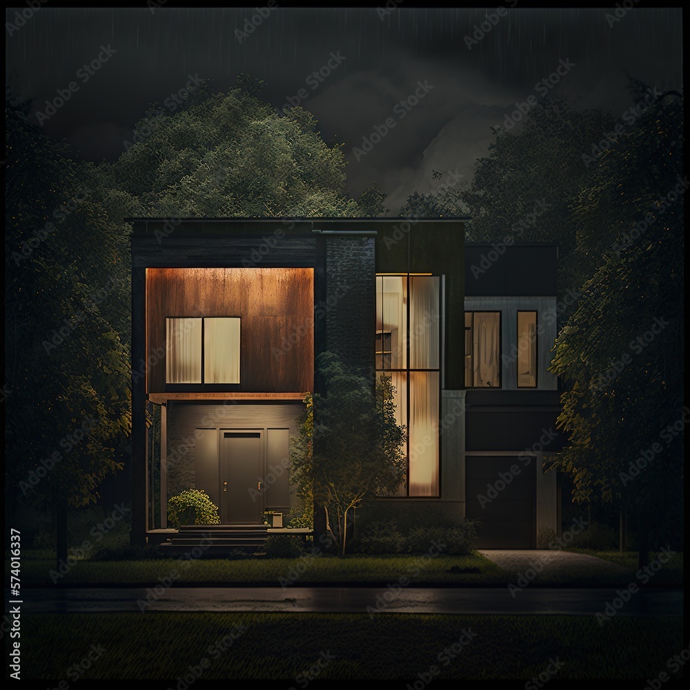  a night scene of a two story house with a dark sky.  generative ai