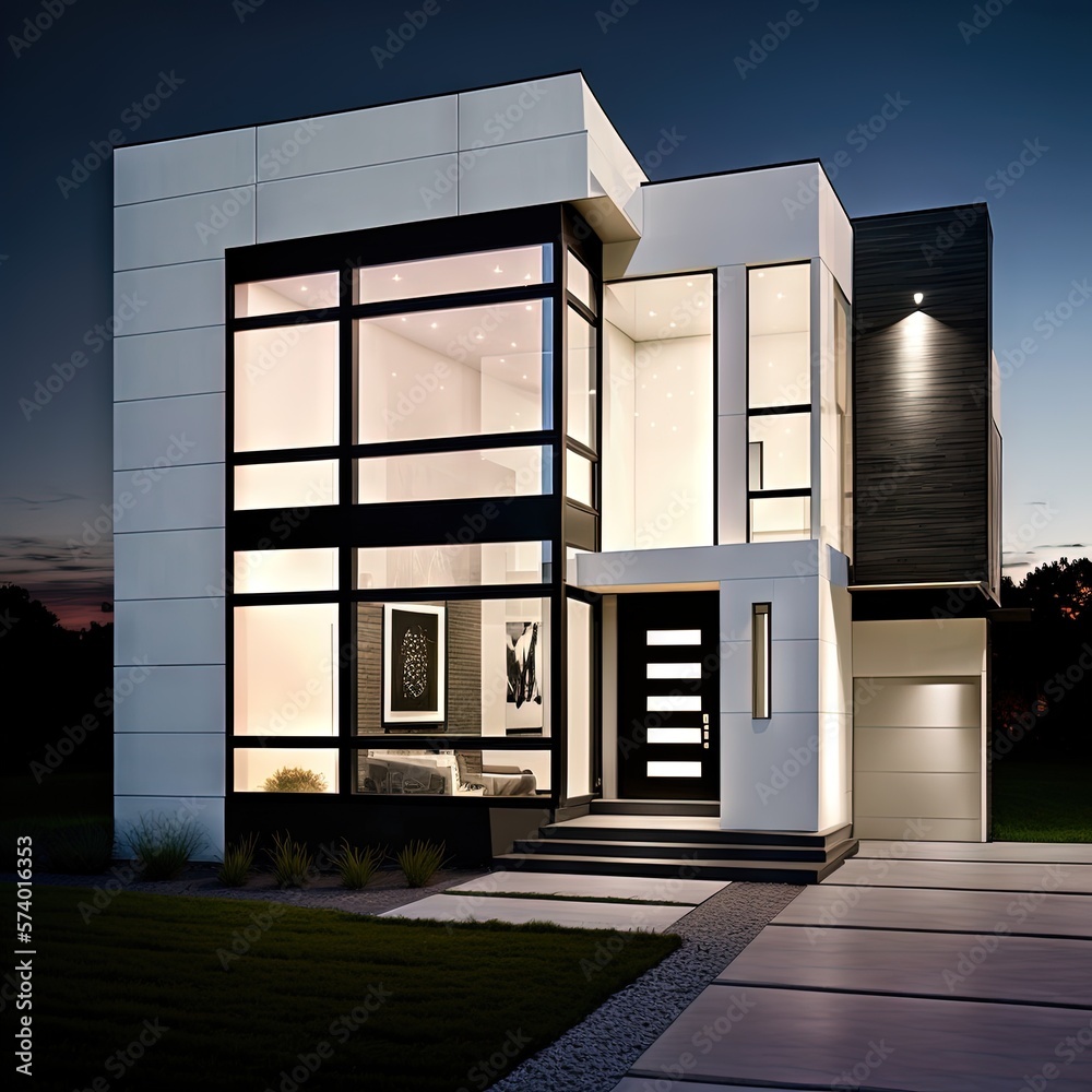  a modern house with a lit up front door at night.  generative ai