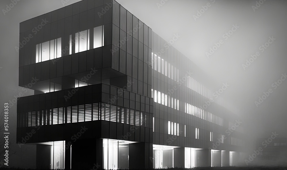  a black and white photo of a building in the fog.  generative ai