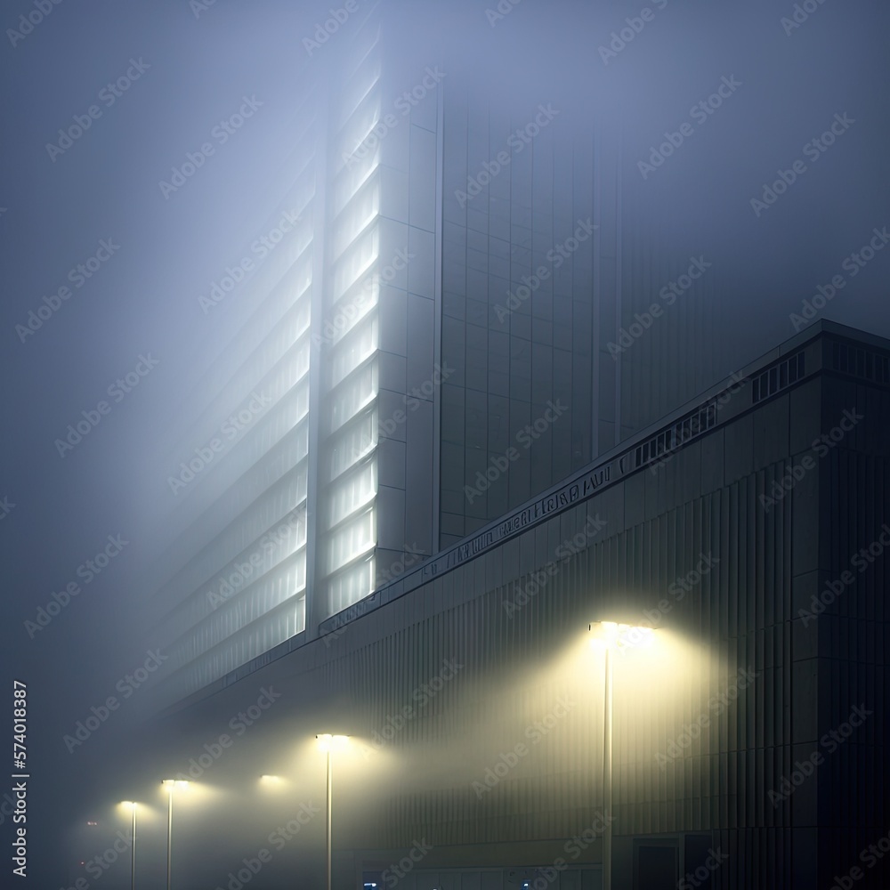  a foggy night with a building and street lights in the foreground.  generative ai