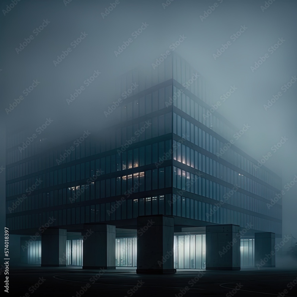  a large building with a lot of windows in the fog.  generative ai