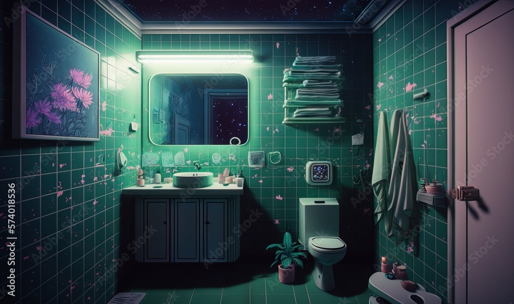  a bathroom with a green tiled wall and a green tiled floor.  generative ai