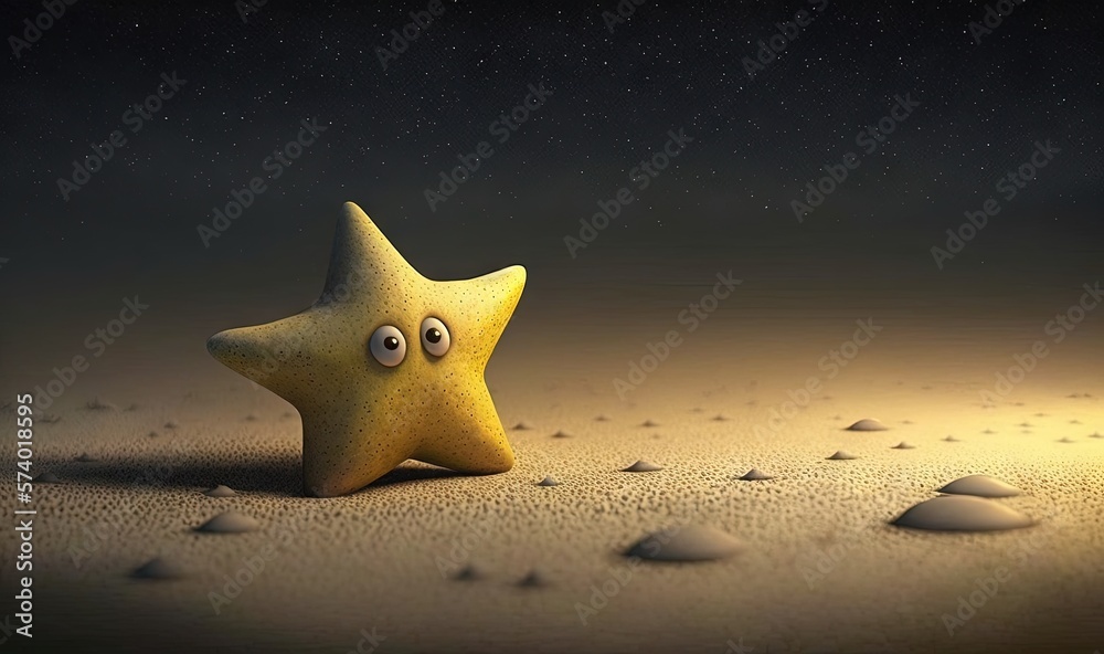  a yellow star laying on top of a sandy beach under a night sky.  generative ai