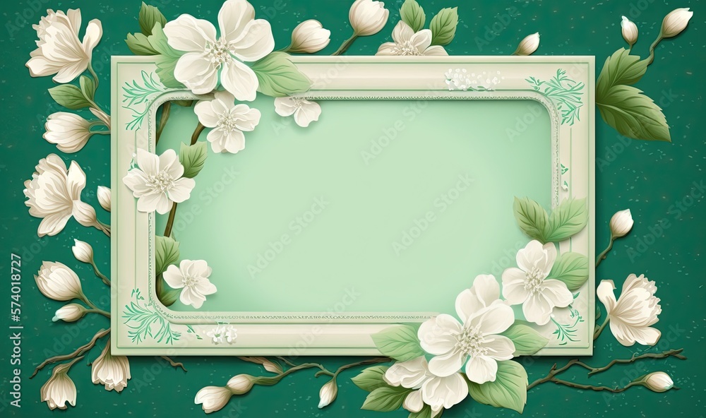  a picture frame with flowers and leaves on a green background.  generative ai