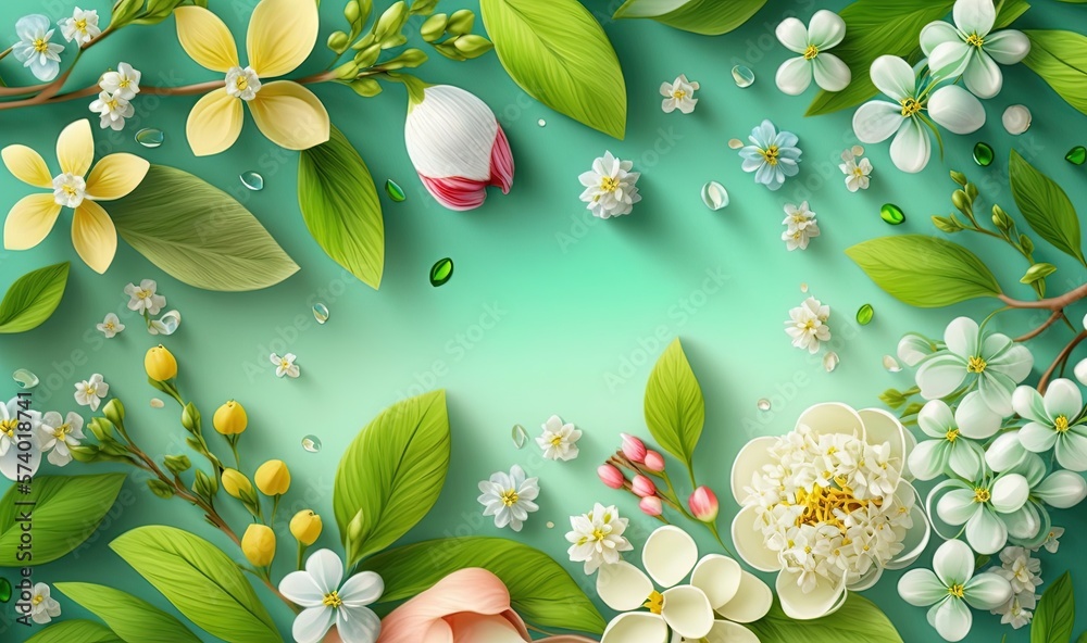  a green background with white and yellow flowers and green leaves.  generative ai