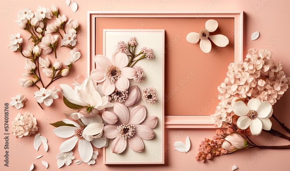  a picture frame with flowers on a pink background with petals.  generative ai