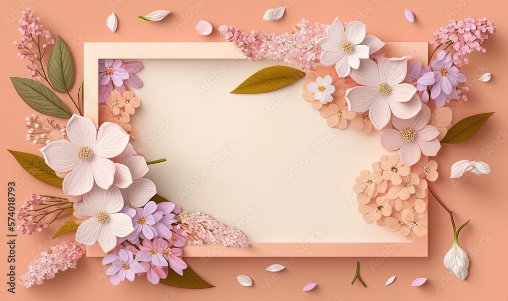  a square frame with pink flowers and leaves on a pink background.  generative ai