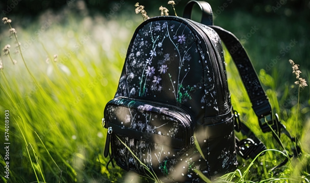  a backpack sitting in the middle of a field of grass.  generative ai