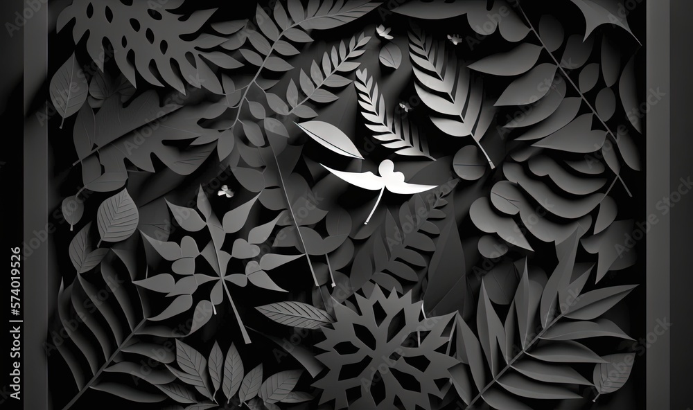  a black and white photo of leaves and a clock on a wall.  generative ai