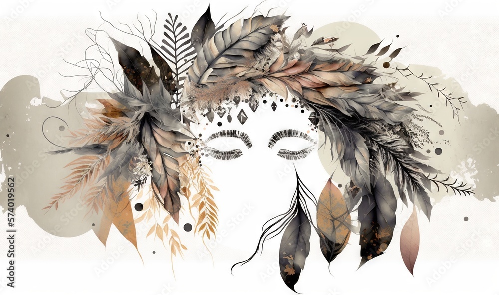  a drawing of a woman with feathers on her head and eyes.  generative ai