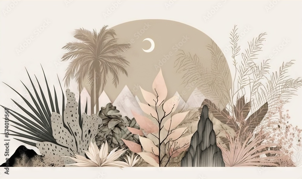  a painting of a desert scene with palm trees and a moon.  generative ai